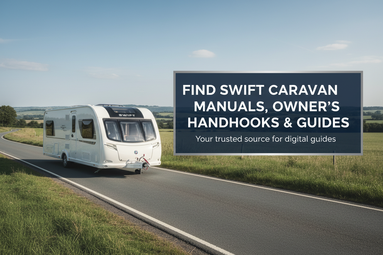 A white Swift caravan driving on a country road under a blue sky, with a large dark blue sign overlay reading 'FIND SWIFT CARAVAN MANUALS, OWNER'S HANDBOOKS & GUIDES'.