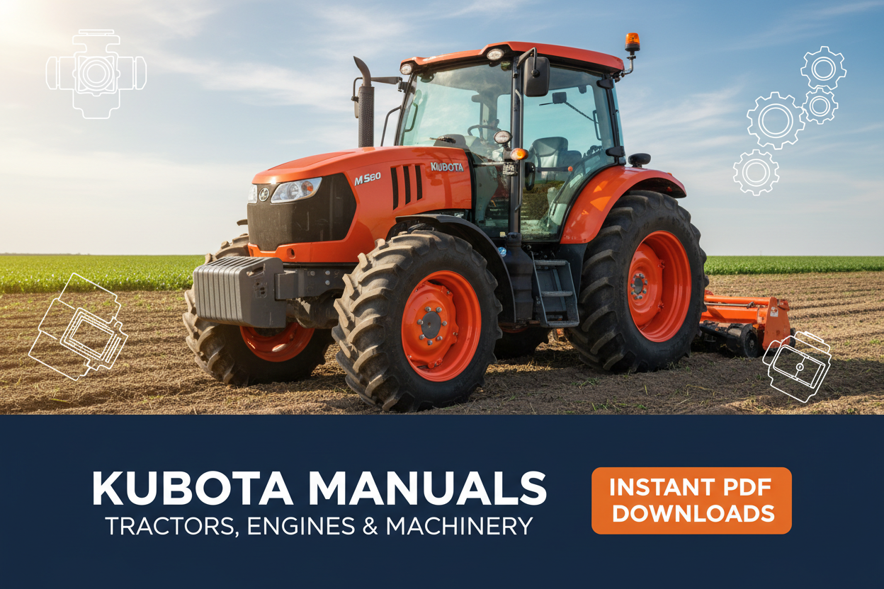 Promotional graphic for Kubota manuals showing a red and orange Kubota tractor in a field, with text reading 'KUBOTA MANUALS' and 'INSTANT PDF DOWNLOADS' plus small technical outline icons.