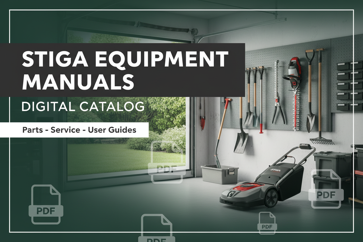 Promotional graphic for a digital Stiga equipment manuals catalog, showing a garage scene with lawn care tools and a Stiga mower, overlaid with text reading 'STIGA EQUIPMENT MANUALS DIGITAL CATALOG' and PDF icons.
