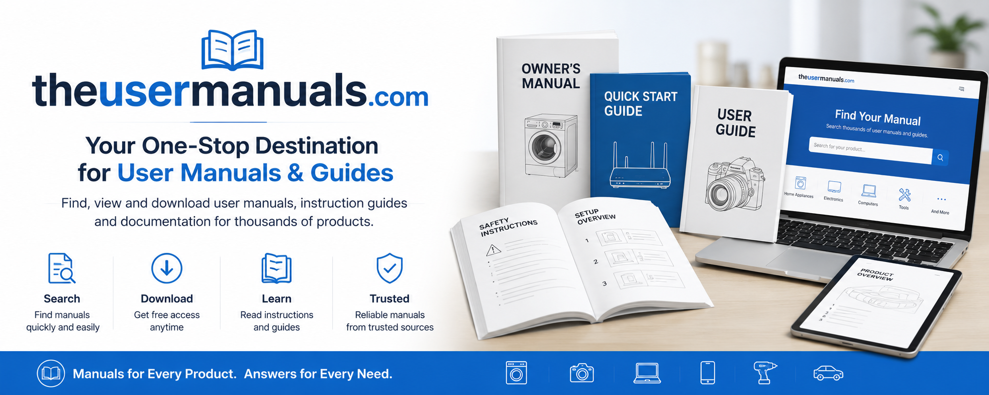 Promotional banner for theusermanuals.com showing a website interface, several white manual booklets, an open instruction booklet, a tablet, and a laptop on a white background with a blue footer.