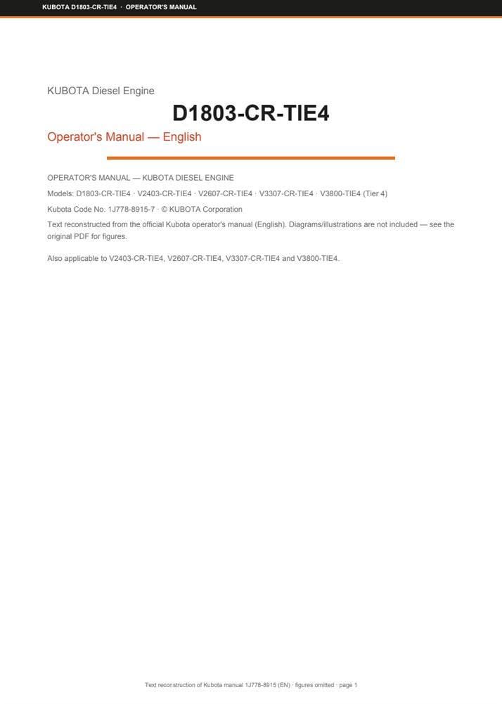 Kubota D1803-cr-TIE4 / V2403-CR-TIE4 / V2607-CR-TIE4 / V3307-CR-TIE4 / V3800-TIE4 Diesel Engine Operators Manual