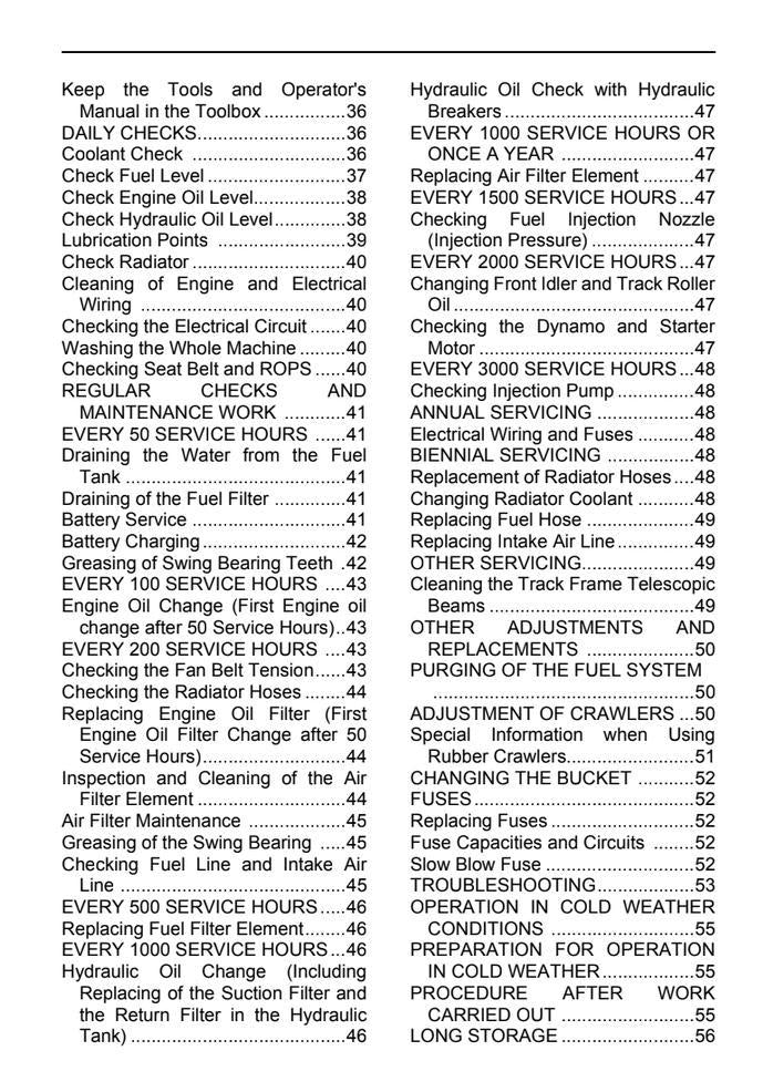 A black-and-white printed page containing a numbered service manual or operator's maintenance and troubleshooting reference guide with text such as 'Keep the Tools and Operator's Manual Toolbox,' 'DAILY CHECKS,' 'ENGINE SERVICE,' and 'ADDITIONS TO THE PURGING OF THE FUEL SYSTEM.'.