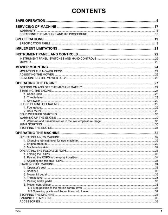 Kubota Operator Manual: Zero Turn Mowers Z411, Z421, Z421T - PDF Download