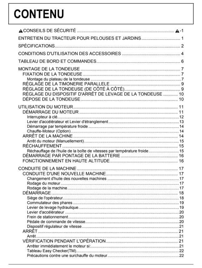 A printed French table of contents page with black text on a white page, headed 'CONTENU' and listing sections and page numbers for a tondeuse operating manual.