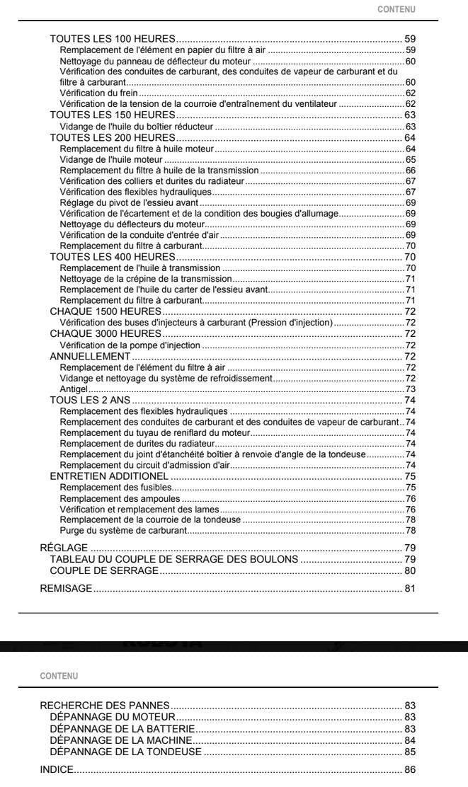 A printed French service manual page showing a table of contents with page numbers, titled 'CONTENU' and headed 'TABLE DES MATIÈRES'.