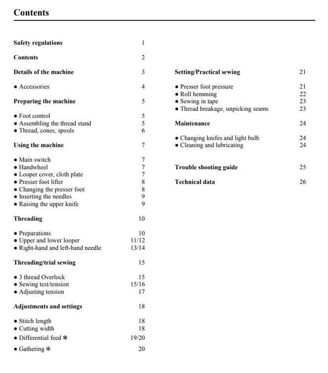 A black-and-white printed table showing the contents of a sewing machine manual, with sections such as safety regulations, contents, preparing the machine, using the machine, threading, adjustments, and troubleshooting.