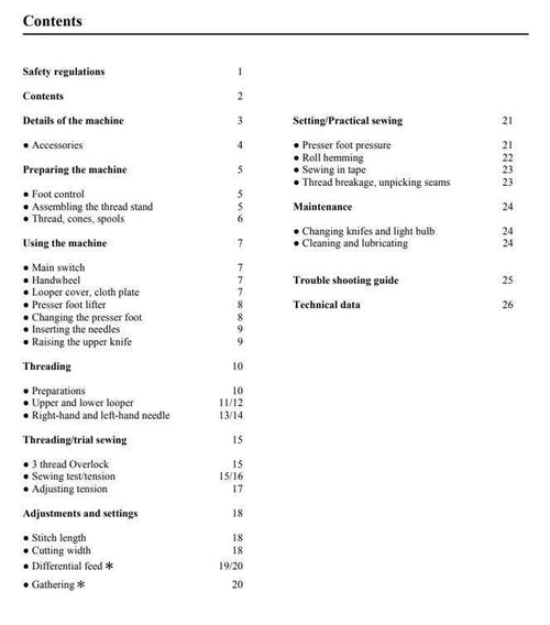 A black-and-white printed table showing the contents of a sewing machine manual, with sections such as safety regulations, contents, preparing the machine, using the machine, threading, adjustments, and troubleshooting.