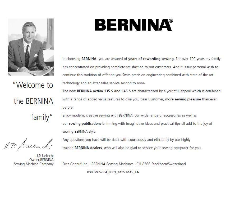 Bernina Activa Sewing Manual: 135 S & 145 S User Guide PDF