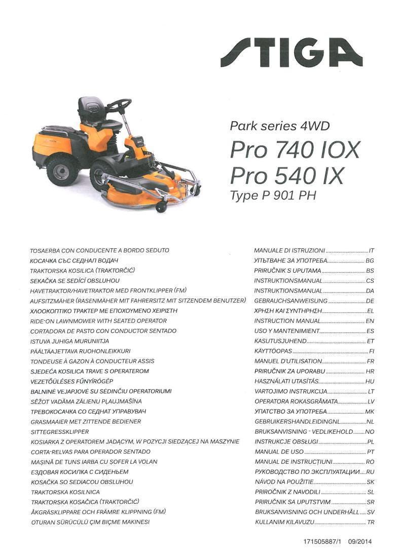 Stiga Park Series Ride-On Lawnmower Manual (Pro 740 IOX, Pro 540 IX) (PDF Download)