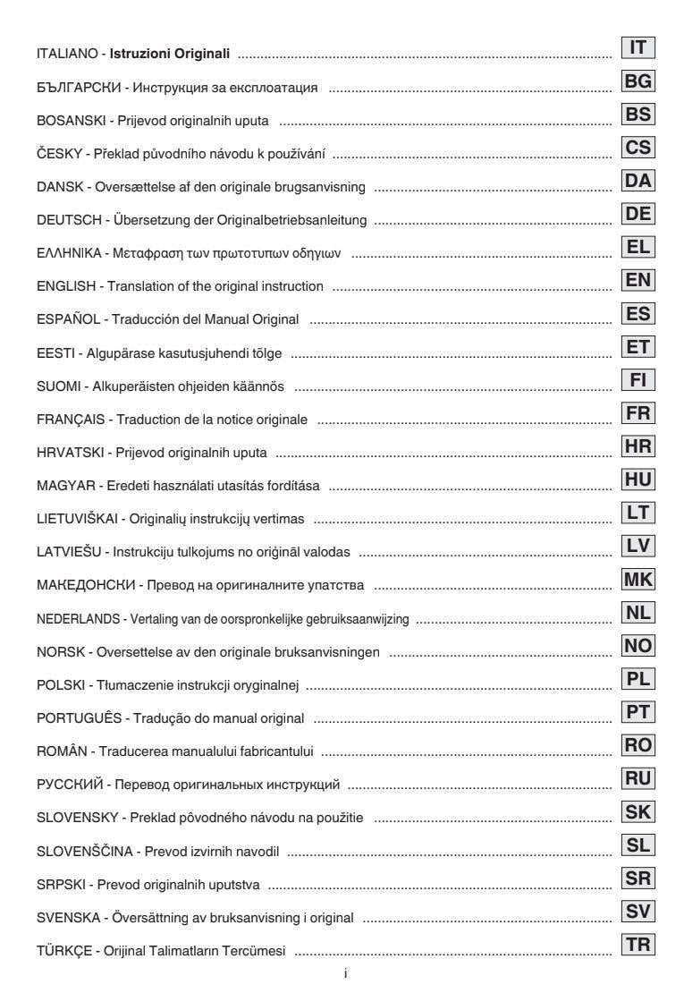 A black-and-white printed reference chart with columns of translated terms and language codes such as IT, BS, CS, DK, DE, EN, ES, FR, HR, HU, LT, LV, MK, NL, PL, PT, RO, RU, SK, SL, SV, TR, and SVENSKA, laid out in a table format.
