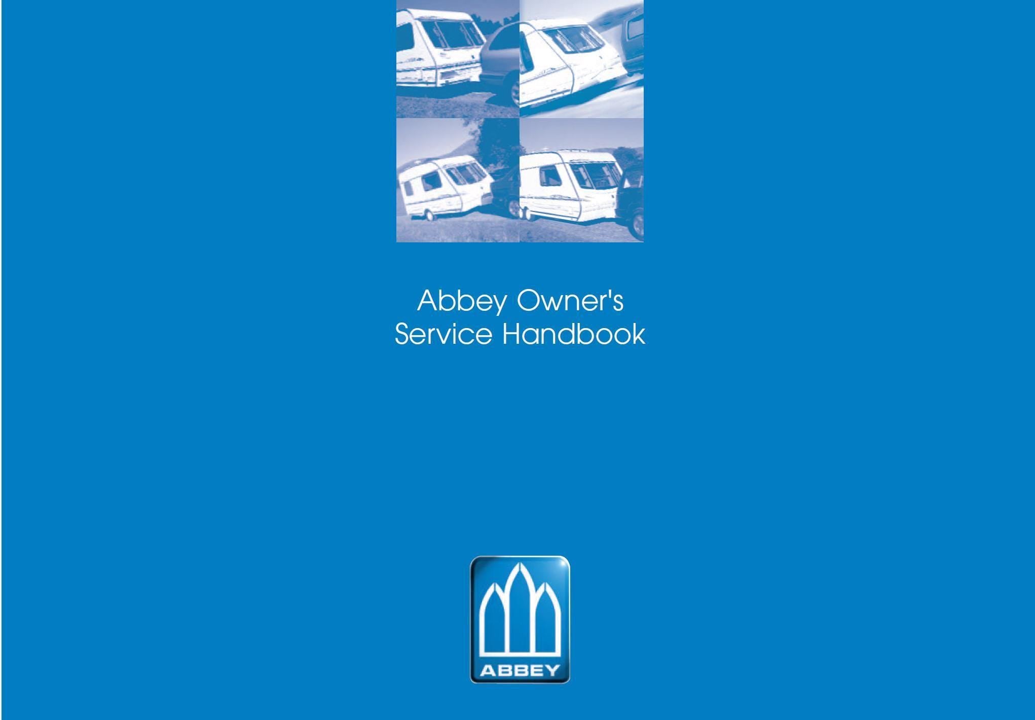 Blue cover of the Abbey Owner's Service Handbook, featuring a small collage of white caravans near the top and the Abbey logo at the bottom.