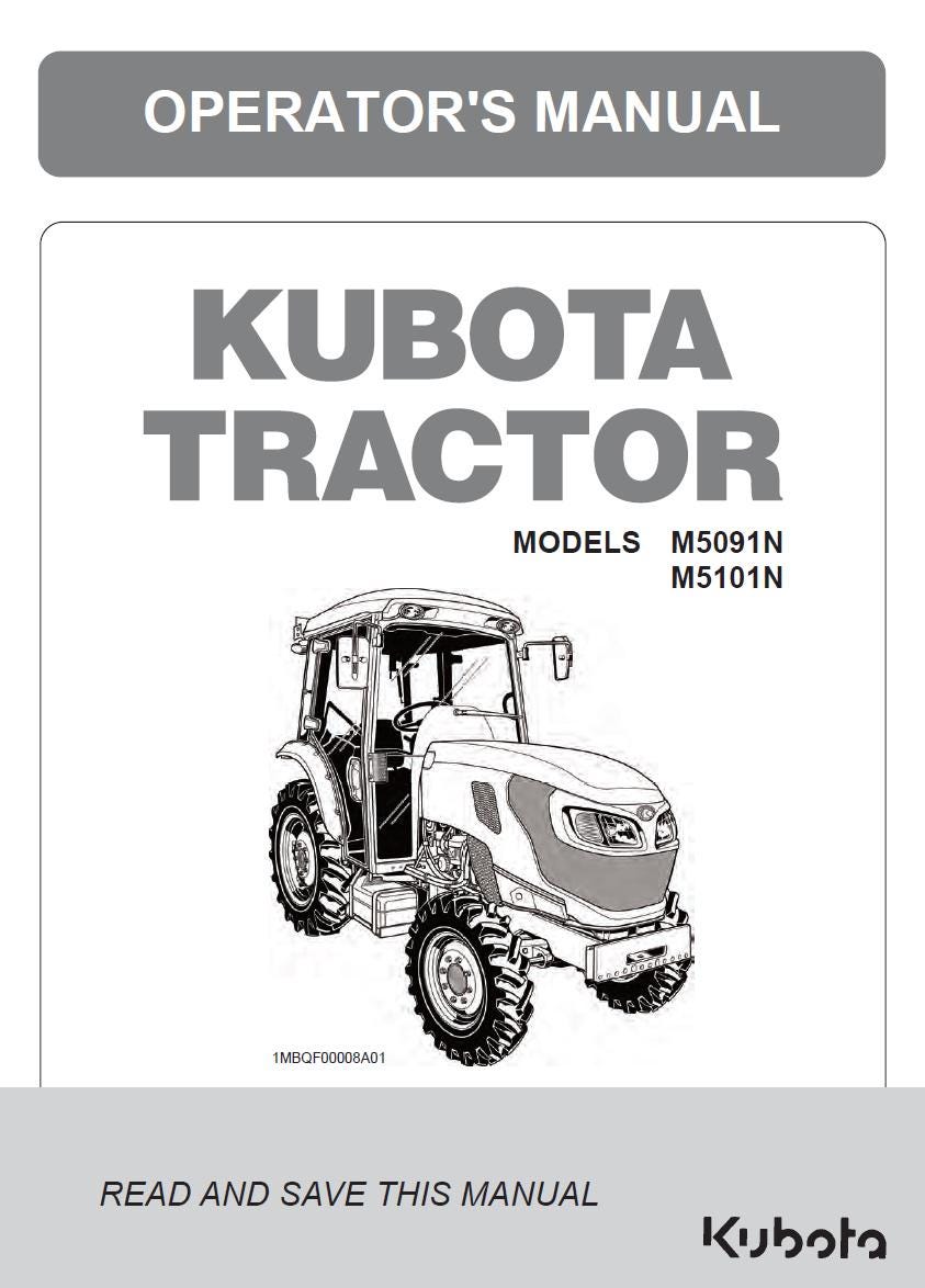 Front cover of a Kubota tractor operator's manual, with the title 'OPERATOR'S MANUAL,' 'KUBOTA TRACTOR,' model numbers M5091N and M5101N, a black-and-white line drawing of a tractor, and the Kubota logo at the bottom.