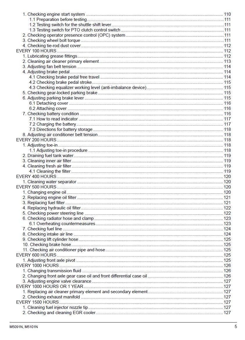 A printed page showing a numbered checklist with headings such as 'Checking engine start system,' 'Every 100 hours,' 'Every 300 hours,' and 'Every 500 hours,' on a white background.