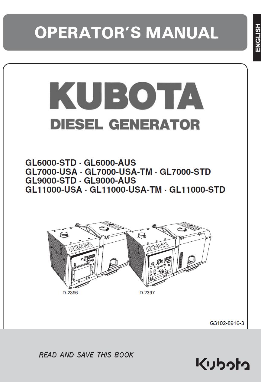 Kubota GL6000 / GL7000 / GL9000 / GL11000 Diesel Generator Operators Manual