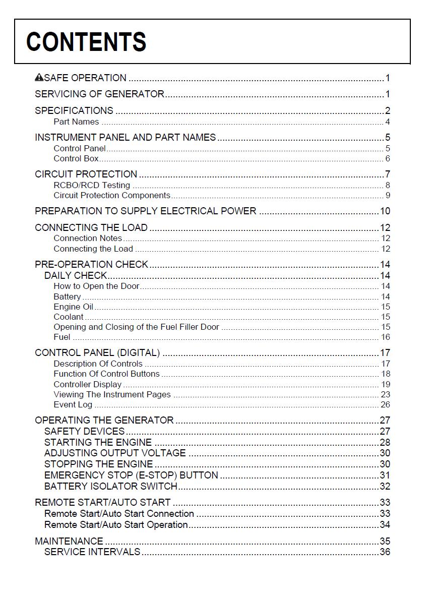 Kubota SQ1120 SQ1150 SQ3140 SQ3200 SQ3300 Diesel Generator Operators Manual