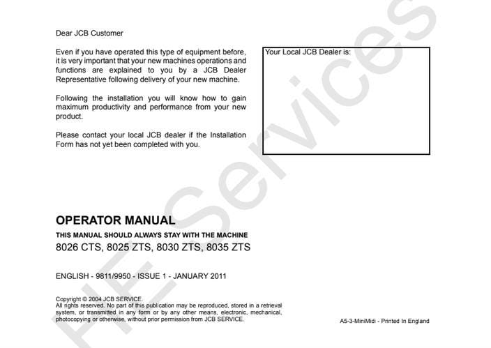 JCB 8026CTS / 8025ZTS / 8030ZTS / 8035ZTS Excavator Operator's Manual (2011 Edition) PDF Download