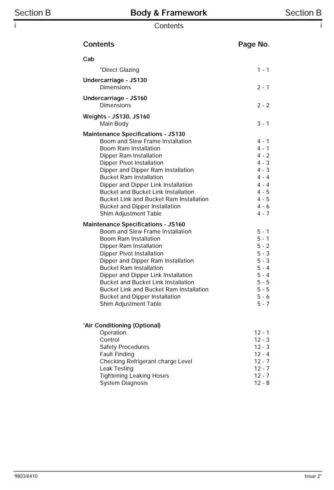 JCB JS130 / JS160 Tracked Excavator Service Manual (1996-2004 Edition) PDF Download