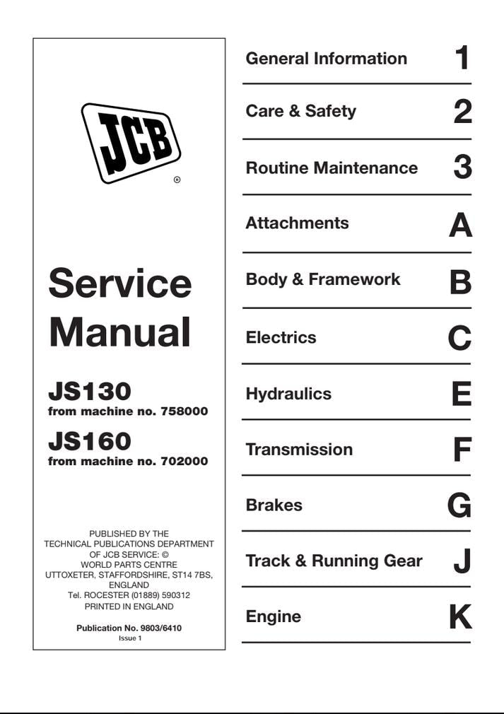 JCB JS130 / JS160 Tracked Excavator Service Manual (1996-2004 Edition) PDF Download