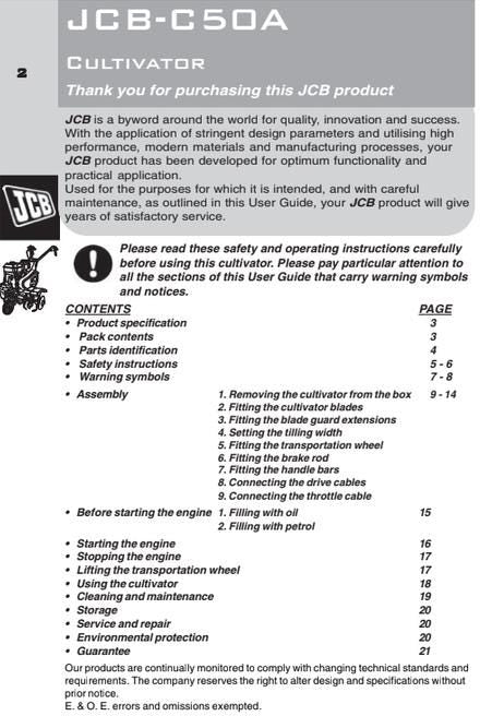 JCB JCB-C50A Petrol Cultivator User Guide (2003 Edition) PDF Download