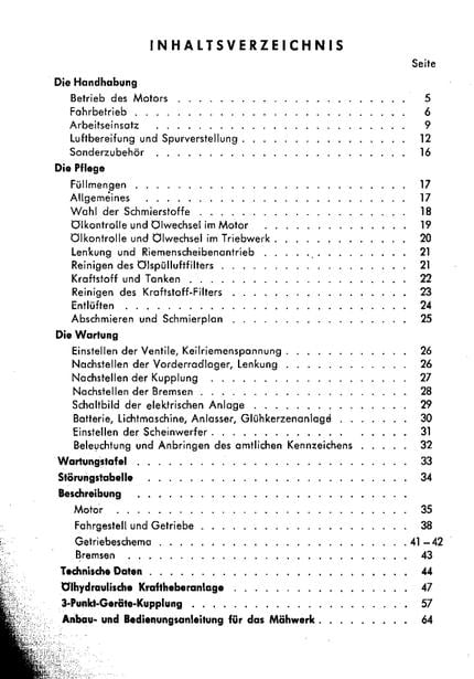 A black-and-white printed index page with the German heading 'INHALTSVERZEICHNIS' and a table of contents listing page numbers for vehicle maintenance topics such as motor operation, fluids, and warnings.