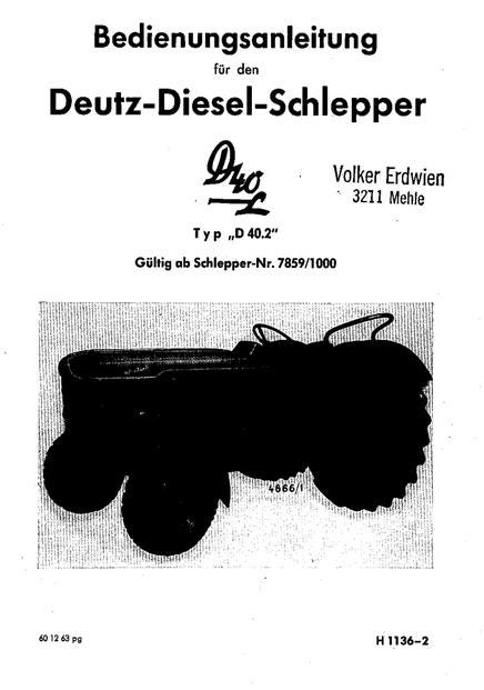 German instruction manual page for a Deutz-Diesel-Schlepper roller loader, featuring a black-and-white silhouette drawing of the machine and text including 'Bedienungsanleitung' and 'Volker Erdwien'.