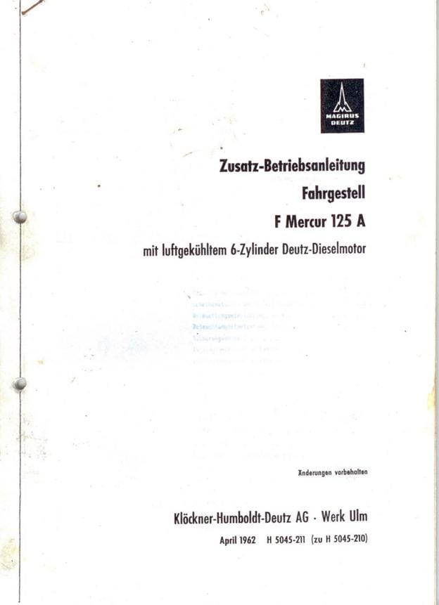 Magirus-Deutz F Mercur 125 A Chassis Supplementary Operating Manual (1962) PDF Download