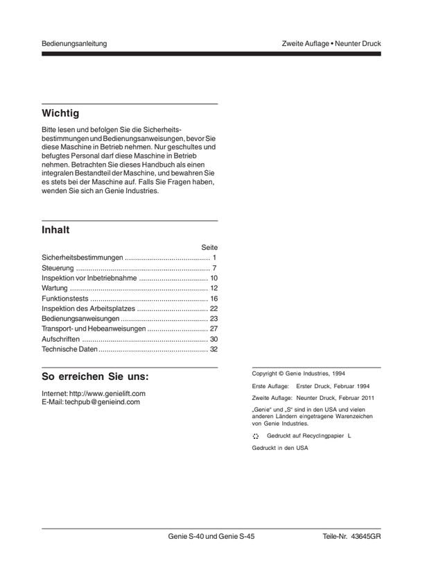 Genie S-40 / S-45 Telescopic Boom Lift Owners Manual (2011) PDF Download