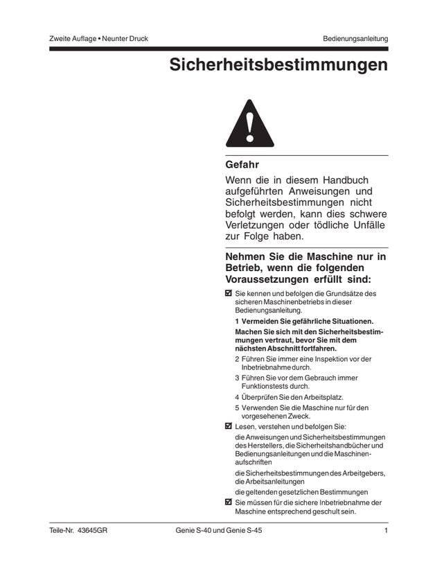 Genie S-40 / S-45 Telescopic Boom Lift Owners Manual (2011) PDF Download