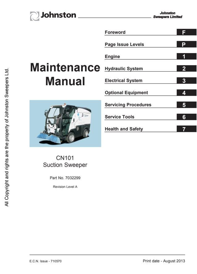 Johnston CN101 Suction Sweeper Maintenance Manual (2013) PDF Download