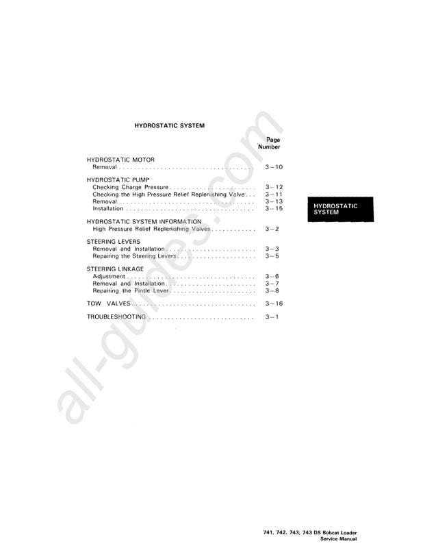 Bobcat 741 / 742 / 742B / 743 / 743B / 743DS Skid-Steer Loader Service Manual PDF Download