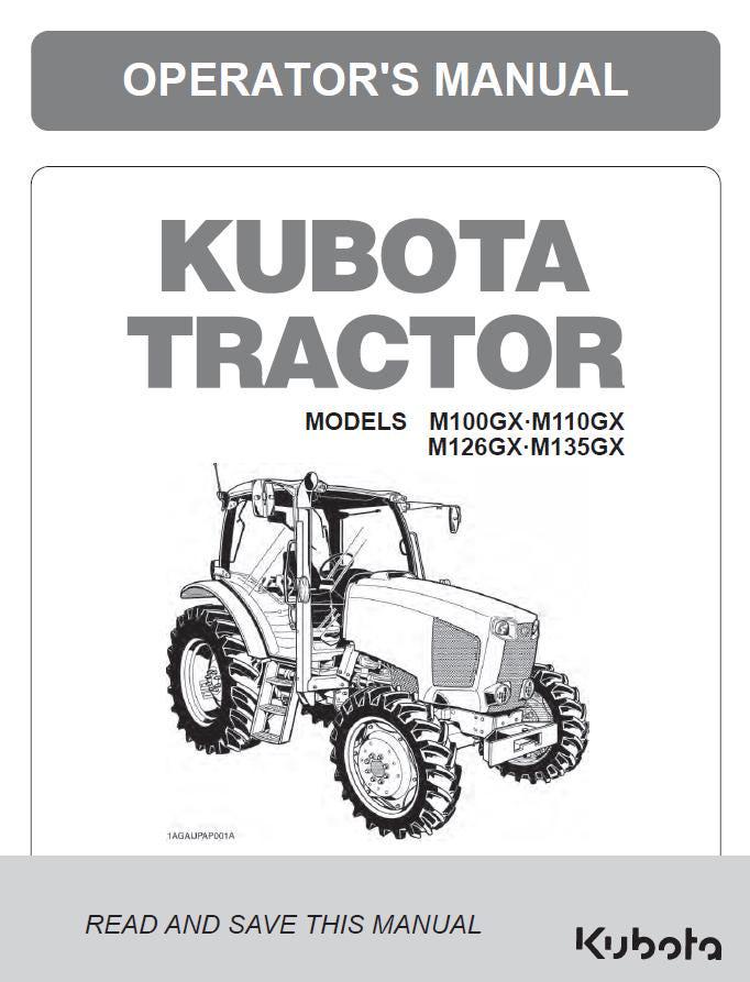 Front cover of a Kubota tractor operator's manual, showing a black-and-white line drawing of a tractor with the title 'OPERATOR'S MANUAL' and 'KUBOTA TRACTOR' on a white background with gray header and footer bands.