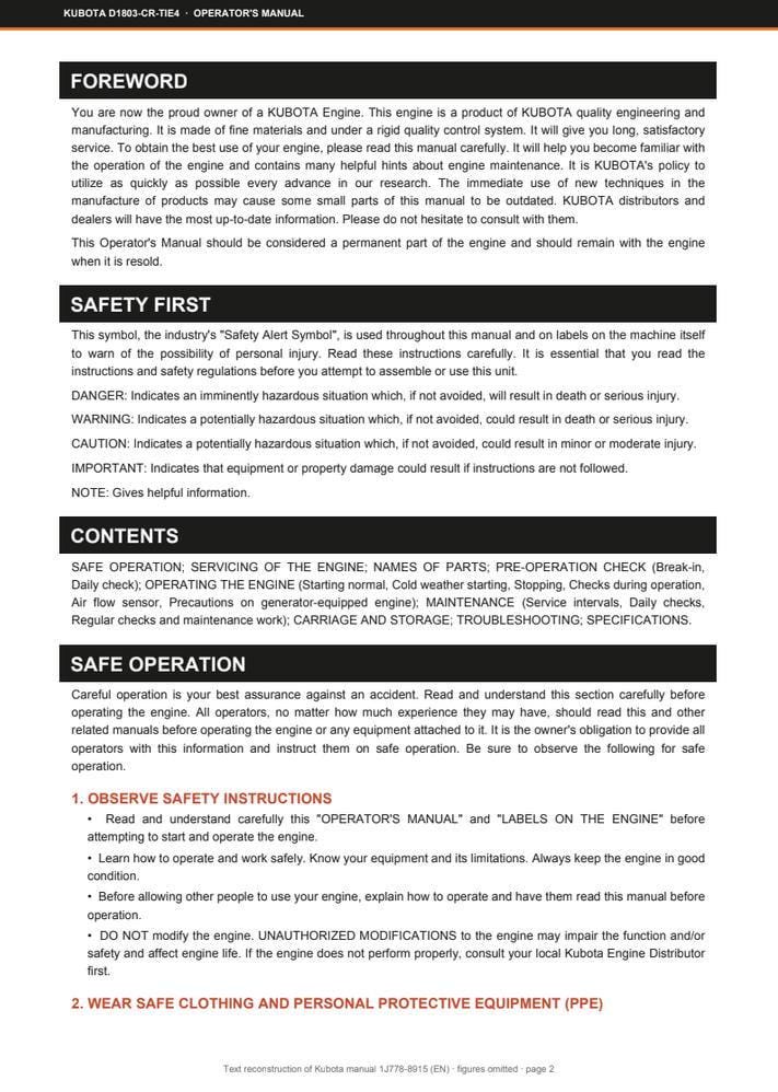 Kubota D1803-cr-TIE4 / V2403-CR-TIE4 / V2607-CR-TIE4 / V3307-CR-TIE4 / V3800-TIE4 Diesel Engine Operators Manual