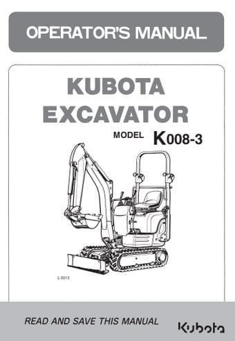 Front cover of a Kubota excavator operator's manual for model K008-3, with a black-and-white line drawing of the excavator and gray text on a white background.