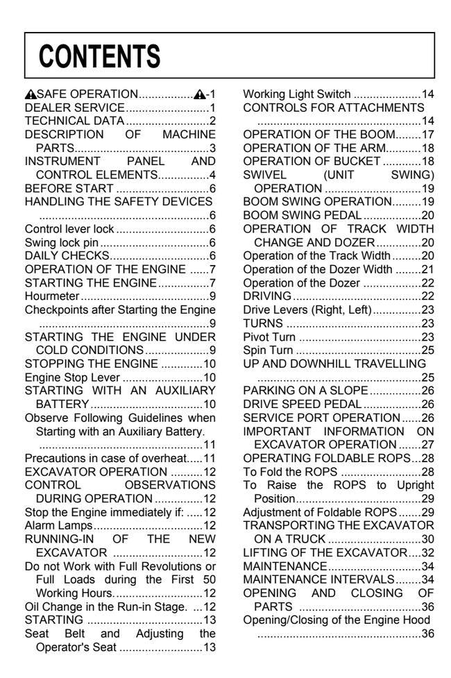 A scanned black-and-white page from a technical manual showing the 'CONTENTS' table of an engine operation and maintenance guide, with numbered sections and page references.
