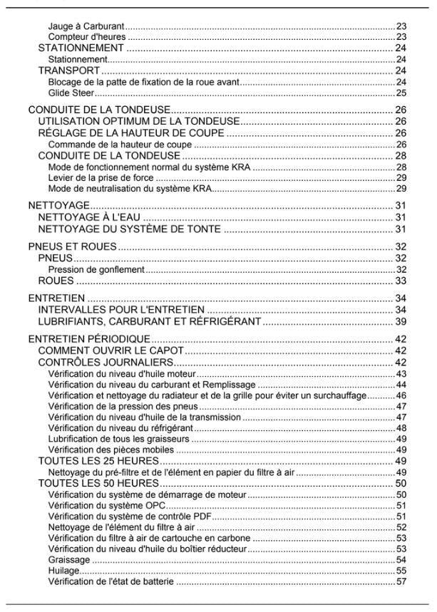 A printed manual page with a black-and-white table of contents or instruction list, showing French headings such as 'Jauge à Carburant', 'Stationnement', 'Transport', 'Conduite de la tondeuse', and numbered sections from 23 to 57.
