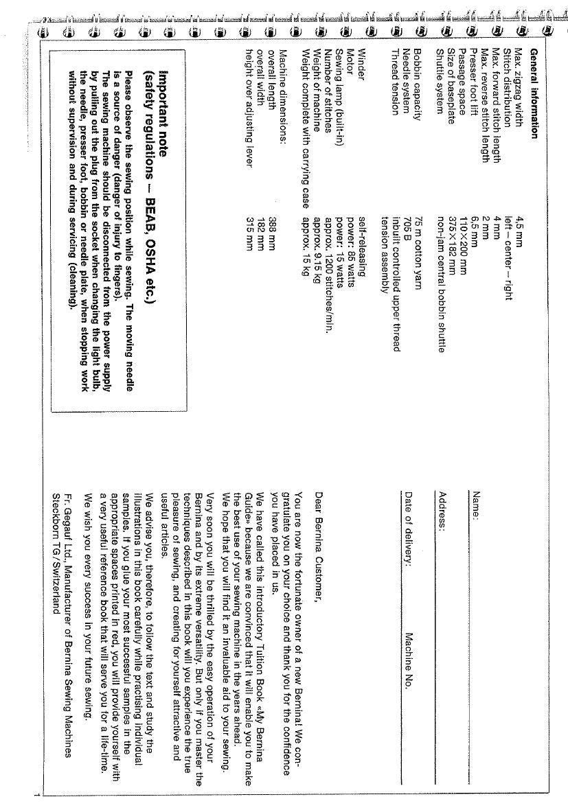 Bernina 830 sewing machine user manual