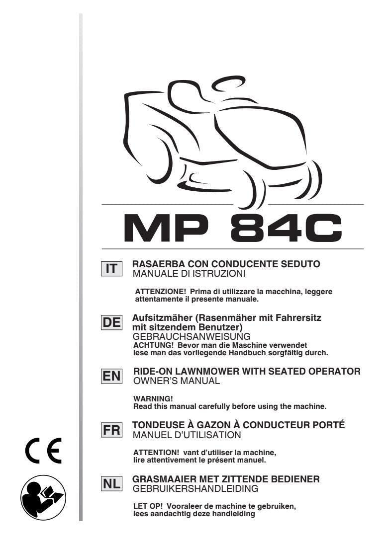 A white manual cover for an MP 84C lawnmower, featuring black text and line drawings, including a line drawing of the lawnmower, multilingual instructions, a CE mark, and a warning icon.