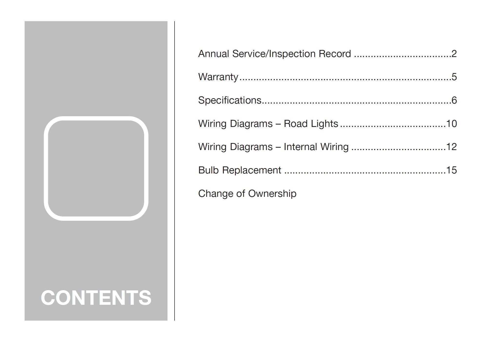 A grayscale table of contents page with a gray sidebar labeled CONTENTS and a list of document sections such as Annual Service/Inspection Record, Warranty, Specifications, Wiring Diagrams, Bulb Replacement, and Change of Ownership.