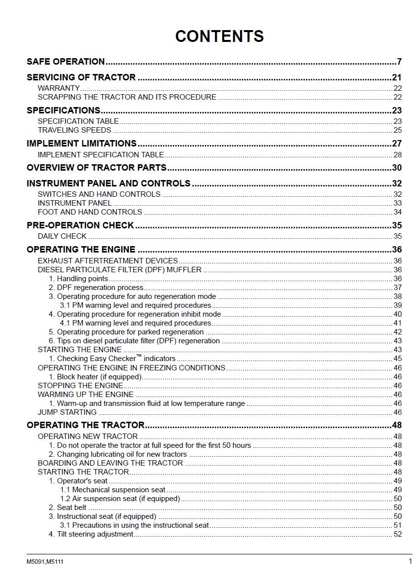 Kubota M5091 / M5111 Tractor Operators Manual