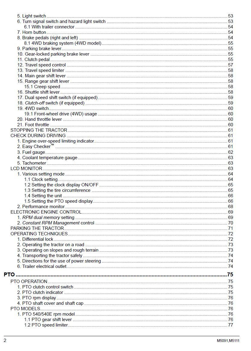 Kubota M5091 / M5111 Tractor Operators Manual
