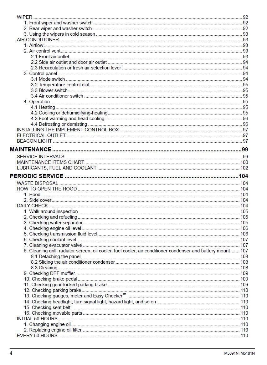 A printed page showing a table of contents with numbered and section headings such as WIPER, AIR CONDITIONER, MAINTENANCE, and PERIODIC SERVICE, on a white page.
