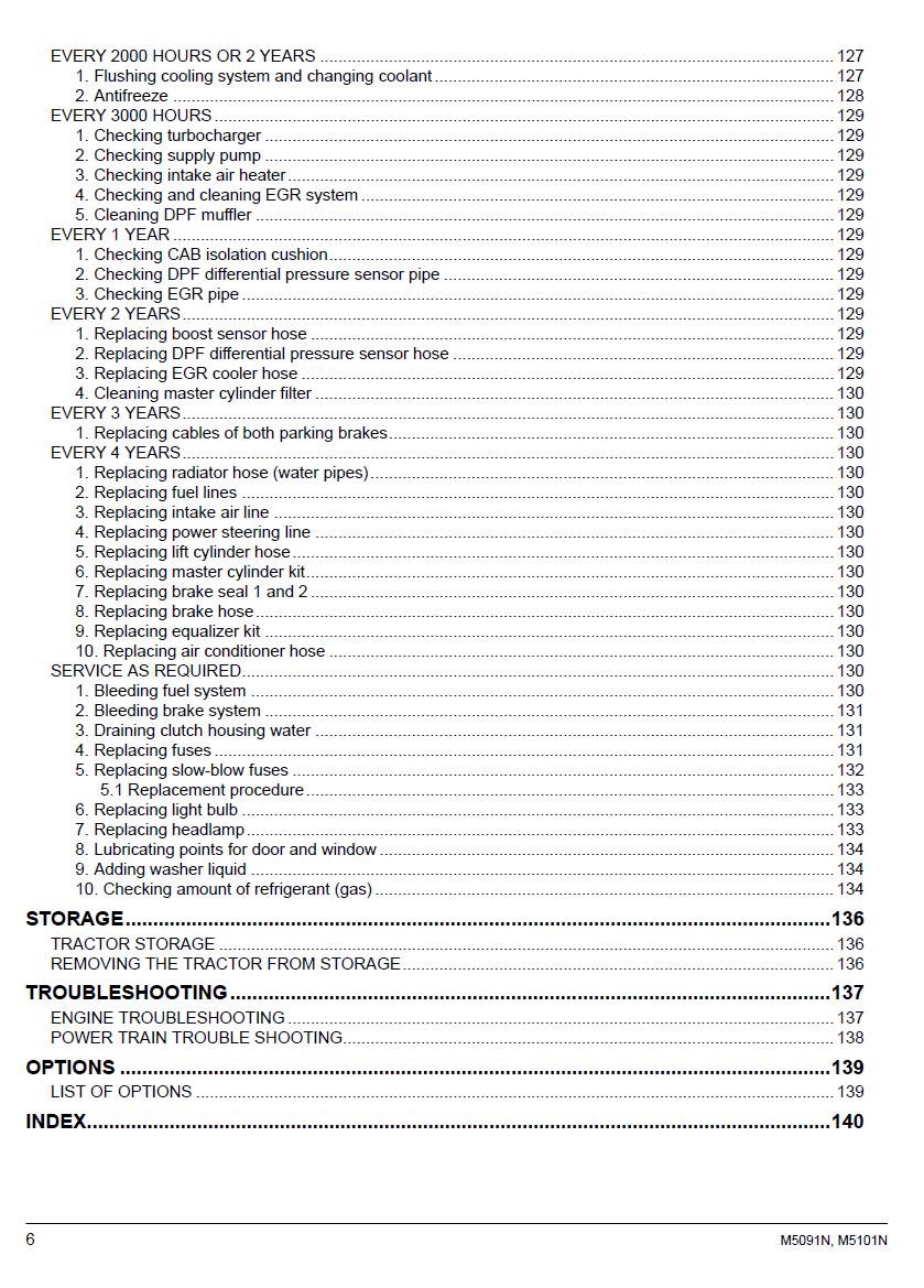 A printed page showing a table of contents with headings such as every 2000 hours or 2 years, storage, troubleshooting, options, and index, in black text on a white page.