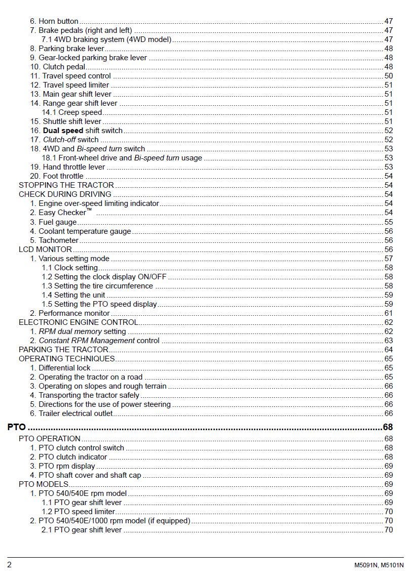 A printed page showing a numbered list of PTO and tractor operating instructions, with section headings such as '8. Horn button', 'Brake pedals (right and left)', 'Parking brake lever', 'Clutch pedal', 'Travel speed control', 'Shuttle shift lever', 'RANGE SHIFTER LEVER', 'STOPPING THE TRACTOR', 'CHECKING DURING DRIVING', 'OPERATING TECHNIQUES', 'ELECTRONIC ENGINE CONTROL', 'PARKING THE TRACTOR', and 'PTO MODELS'.