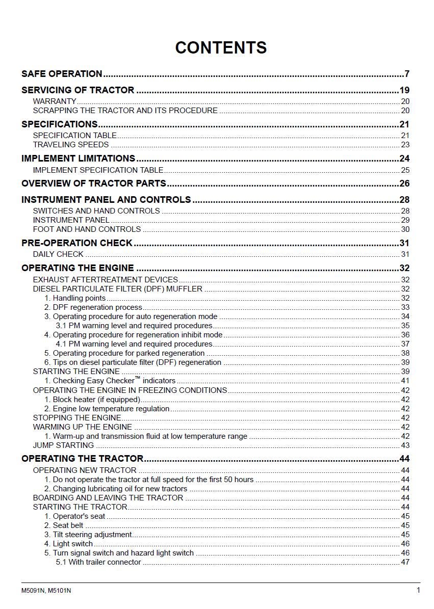 A printed Contents page from a tractor operator manual, showing chapter and section headings such as Safe Operation, Servicing of Tractor, Specifications, and Operating the Engine, with page numbers aligned to the right.