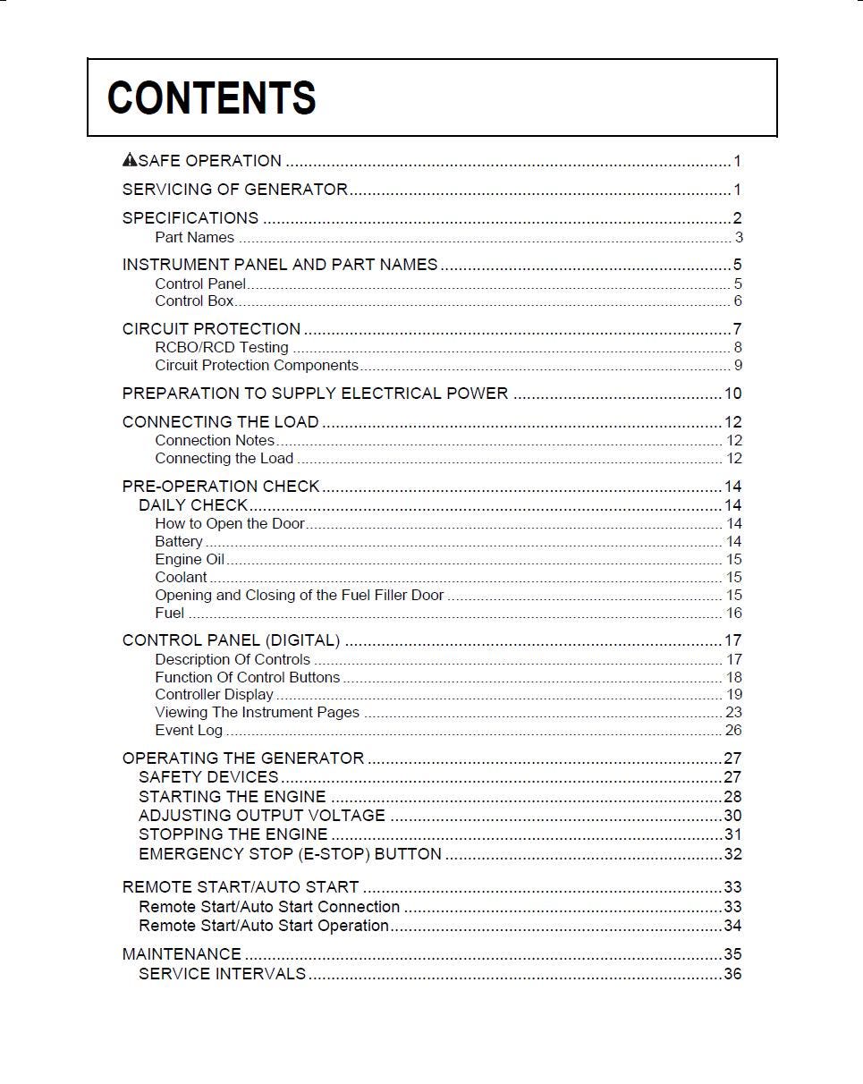 Kubota KJ-S130 / KJ-S230 / KJ-T130 / Kj-T180 / Kj-T300 Series Diesel Generator Operators Manual