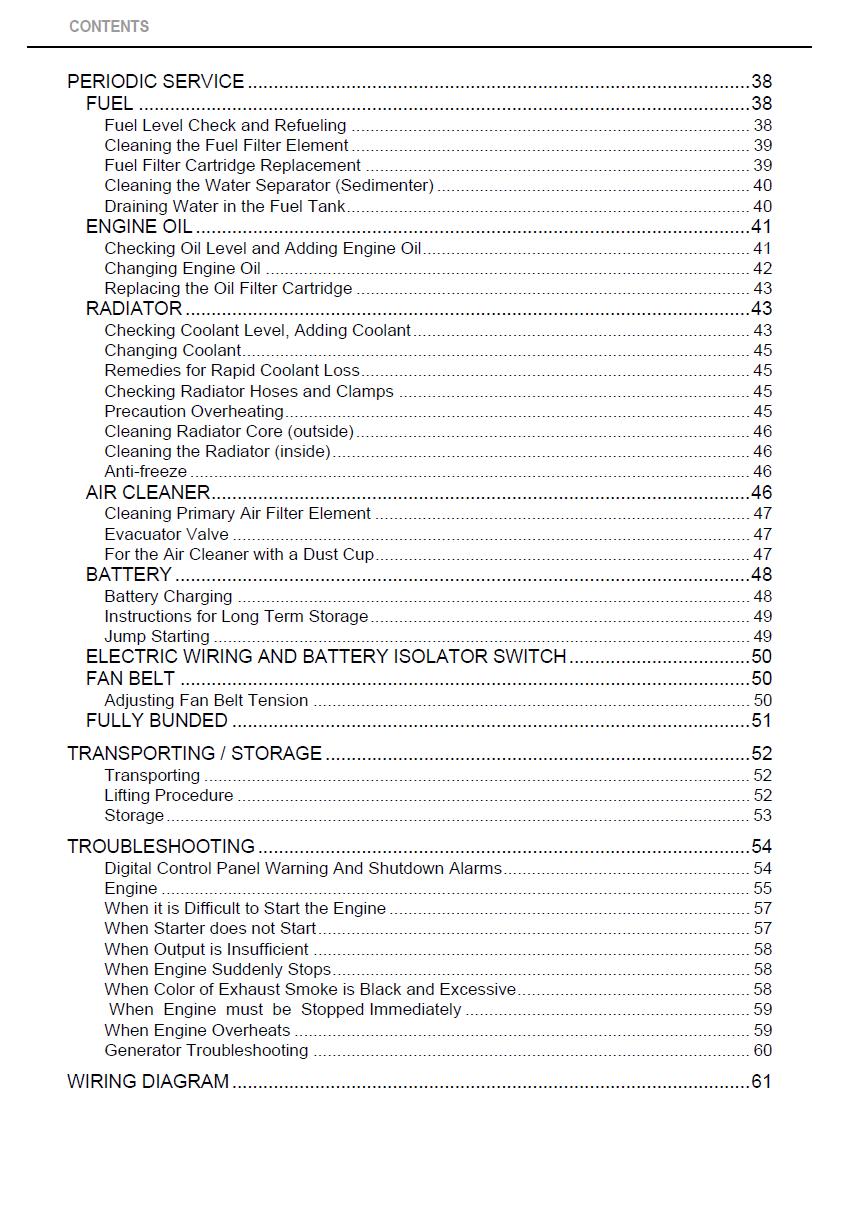 Kubota SQ1120 SQ1150 SQ3140 SQ3200 SQ3300 Diesel Generator Operators Manual