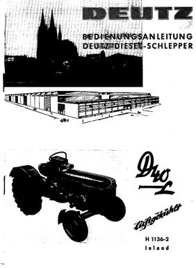 A vintage black-and-white booklet or manual page for a Deutz diesel tractor, showing the word DEUTZ at the top, a building illustration, a tractor drawing, and model text 'H 1136-2 Inland'.