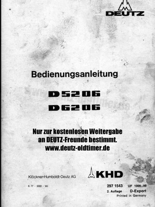Deutz D5206 / D6206 Diesel Tractor Operators Manual PDF Download