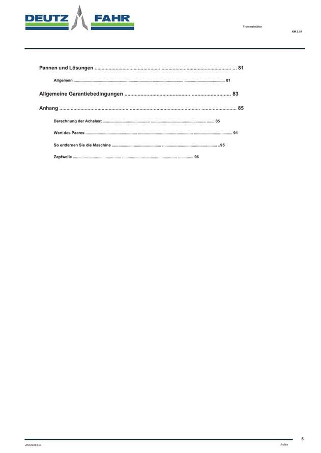 Deutz-Fahr KM 3.16 Drum Mower Operator's Manual PDF Download