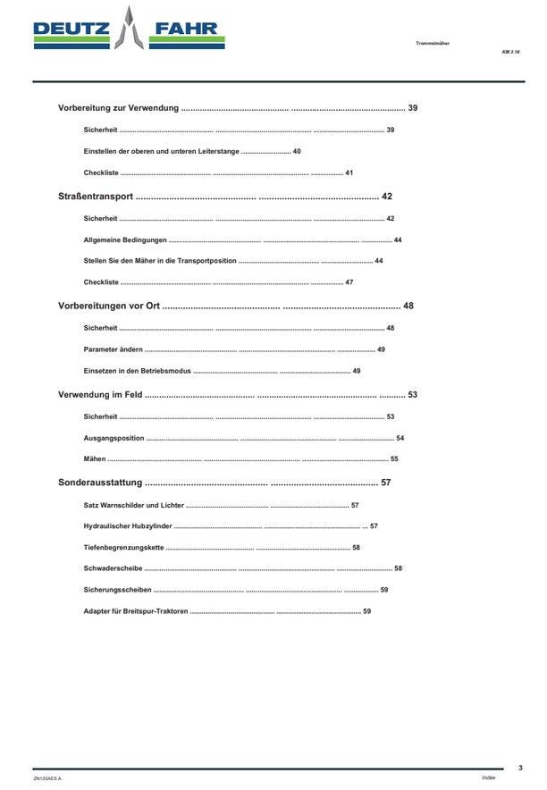 Deutz-Fahr KM 3.16 Drum Mower Operator's Manual PDF Download